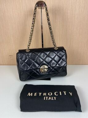 METROCITY Italy Quilted Leather Chain Flap Bag Black Gold Convertible Purse